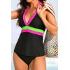 image:imageYonique Womens Two Piece Swimsuits Tummy Control Tankini Plus Size Bathing Suit Halter V Neck SwimwearGreen Pink Black
