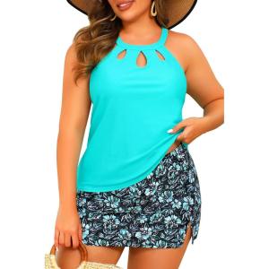 image:imageYonique Plus Size Tankini with Skirt  Two Piece Swimsuit Tummy Control Bathing Suit High Neck Swimwear 2025Aqua and Flower
