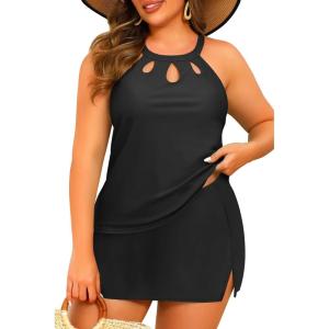 image:imageYonique Plus Size Tankini with Skirt  Two Piece Swimsuit Tummy Control Bathing Suit High Neck Swimwear 2025Black