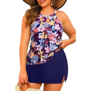 image:imageYonique Plus Size Tankini with Skirt  Two Piece Swimsuit Tummy Control Bathing Suit High Neck Swimwear 2025Colorful Leaves