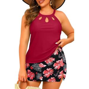 image:imageYonique Plus Size Tankini with Skirt  Two Piece Swimsuit Tummy Control Bathing Suit High Neck Swimwear 2025Red Floral