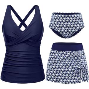 image:imageYonique Tankini Swimsuits for Women Tummy Control Bathing Suits Two Piece Tankini Tops with Bikini Bottoms Twist SwimwearNavy Geometric