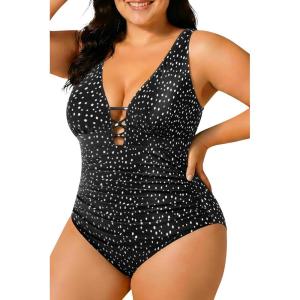 image:imageYonique Women Plus Size One Piece Swimsuit Tummy Control Bathing Suits Lace up Plunge SwimwearBlack Dot