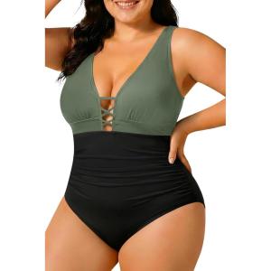 image:imageYonique Women Plus Size One Piece Swimsuit Tummy Control Bathing Suits Lace up Plunge SwimwearGreen and Black