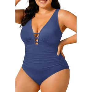 image:imageYonique Women Plus Size One Piece Swimsuit Tummy Control Bathing Suits Lace up Plunge SwimwearIndigo Blue