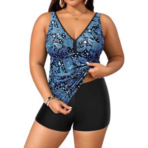image:imageYonique Womens Plus Size Swimsuits with Shorts Tummy Control Tankini Two Piece Bathing Suits Athletic SwimwearBlue Paisley1