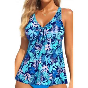 image:imageYonique Womens Flowy Tankini Top  Modest Swim Top with Loose Fit No BottomBlue Leaves2