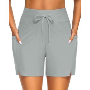 image:imageWomen Swim Board Shorts  5 High Waisted Bathing Suit Shorts with Pockets Tummy Control Swimsuit Bottom 2025 BoyshortsLight Gray