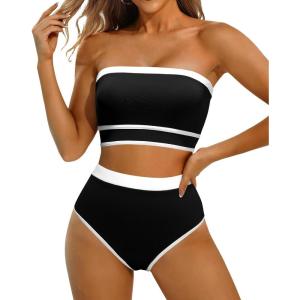image:imageYonique Bandeau Bikini Strapless Swimsuit  Two Piece High Waisted Bathing SuitsBlack