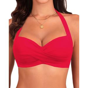 image:imageYonique Women Halter Bikini Top Push Up Swimsuit Top Retro Swim Top Twist Front Bathing Suit Top OnlyRed