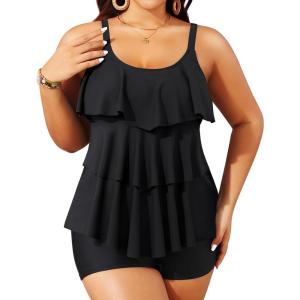 image:imageYonique Womens Plus Size Tankini Swimsuits with Shorts Two Piece Bathing Suits Ruffle Swimsuits Tummy Control Swimwear Black 12W