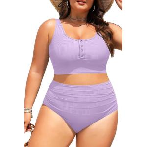image:imagePlus Size 2 Piece Swimsuit  Womens High Waisted Bikini Tummy Control Bathing Suit Ribbed 2025 SwimwearLavender