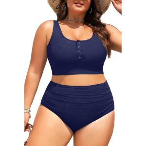 image:imagePlus Size 2 Piece Swimsuit  Womens High Waisted Bikini Tummy Control Bathing Suit Ribbed 2025 SwimwearNavy Blue