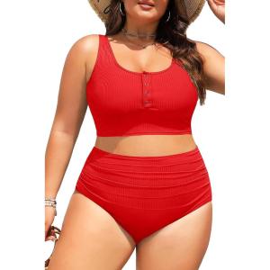 image:imagePlus Size 2 Piece Swimsuit  Womens High Waisted Bikini Tummy Control Bathing Suit Ribbed 2025 SwimwearRed