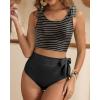 image:imageTwo Piece High Waisted Swimsuits  Women Tummy Control Bikini Modest Bathing Suit 2PC 2025Black Striped