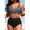 image:imageYonique High Waisted Two Piece SwimsuitWomens Bikini Set Tummy Control Bathing Suit Modest Full Coverage Bikini 2025Black Striped