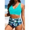 image:imageYonique High Waisted Two Piece SwimsuitWomens Bikini Set Tummy Control Bathing Suit Modest Full Coverage Bikini 2025Mint Green Floral