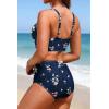 image:imageYonique High Waisted Two Piece SwimsuitWomens Bikini Set Tummy Control Bathing Suit Modest Full Coverage Bikini 2025Navy Blue and Flower