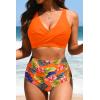 image:imageYonique High Waisted Two Piece SwimsuitWomens Bikini Set Tummy Control Bathing Suit Modest Full Coverage Bikini 2025Orange Flowers