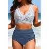 image:imageYonique High Waisted Two Piece SwimsuitWomens Bikini Set Tummy Control Bathing Suit Modest Full Coverage Bikini 2025Striped and Blue