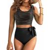 image:imageTwo Piece High Waisted Swimsuits  Women Tummy Control Bikini Modest Bathing Suit 2PC 2025Black Striped