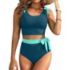 image:imageTwo Piece High Waisted Swimsuits  Women Tummy Control Bikini Modest Bathing Suit 2PC 2025Teal and Green