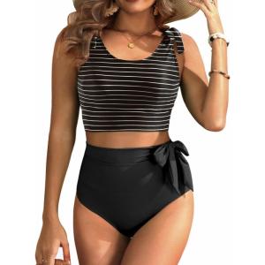 image:imageTwo Piece High Waisted Swimsuits  Women Tummy Control Bikini Modest Bathing Suit 2PC 2025Black Striped