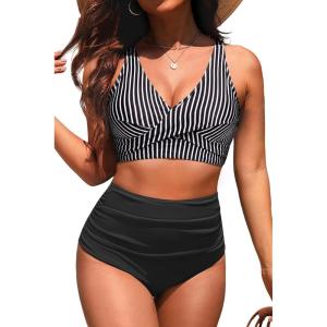 image:imageYonique High Waisted Two Piece SwimsuitWomens Bikini Set Tummy Control Bathing Suit Modest Full Coverage Bikini 2025Black Striped