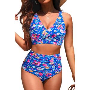 image:imageYonique High Waisted Two Piece SwimsuitWomens Bikini Set Tummy Control Bathing Suit Modest Full Coverage Bikini 2025Blue Floral