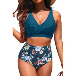image:imageYonique High Waisted Two Piece SwimsuitWomens Bikini Set Tummy Control Bathing Suit Modest Full Coverage Bikini 2025Blue Flower