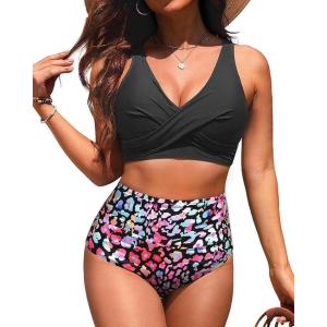image:imageYonique High Waisted Two Piece SwimsuitWomens Bikini Set Tummy Control Bathing Suit Modest Full Coverage Bikini 2025Colorful Leopard
