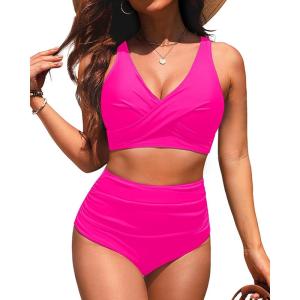 image:imageYonique High Waisted Two Piece SwimsuitWomens Bikini Set Tummy Control Bathing Suit Modest Full Coverage Bikini 2025Hot Pink