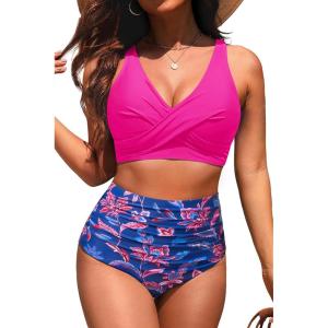 image:imageYonique High Waisted Two Piece SwimsuitWomens Bikini Set Tummy Control Bathing Suit Modest Full Coverage Bikini 2025Pink Paisley