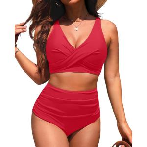 image:imageYonique High Waisted Two Piece SwimsuitWomens Bikini Set Tummy Control Bathing Suit Modest Full Coverage Bikini 2025Red