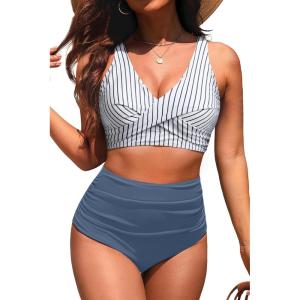 image:imageYonique High Waisted Two Piece SwimsuitWomens Bikini Set Tummy Control Bathing Suit Modest Full Coverage Bikini 2025Striped and Blue