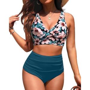 image:imageYonique High Waisted Two Piece SwimsuitWomens Bikini Set Tummy Control Bathing Suit Modest Full Coverage Bikini 2025Teal Flower