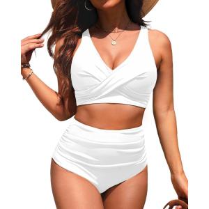 image:imageYonique High Waisted Two Piece SwimsuitWomens Bikini Set Tummy Control Bathing Suit Modest Full Coverage Bikini 2025White