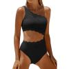 image:imageWomens One Piece Swimsuit One Shoulder Bathing Suit Cutout Tummy Control SwimwearScalloped Black