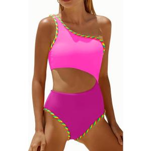 image:imageWomens One Piece Swimsuit One Shoulder Bathing Suit Cutout Tummy Control SwimwearColorblock Pink