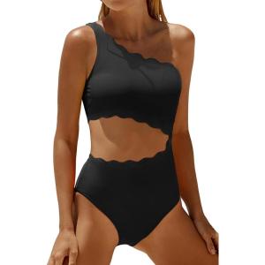 image:imageWomens One Piece Swimsuit One Shoulder Bathing Suit Cutout Tummy Control SwimwearScalloped Black