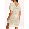 image:imageYonique Plus Size Swimsuit Cover Up  Crochet Swim Cover Up 2025 Bathing Suit Short Sleeve Beach DressBeige