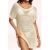image:imageYonique Plus Size Swimsuit Cover Up  Crochet Swim Cover Up 2025 Bathing Suit Short Sleeve Beach DressBeige