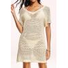 image:imageYonique Plus Size Swimsuit Cover Up  Crochet Swim Cover Up 2025 Bathing Suit Short Sleeve Beach DressBeige