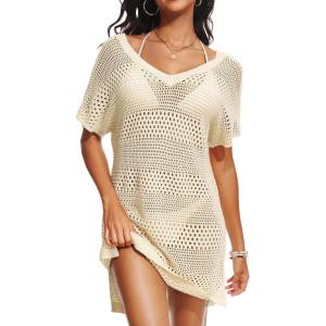 image:imageYonique Plus Size Swimsuit Cover Up  Crochet Swim Cover Up 2025 Bathing Suit Short Sleeve Beach DressBeige