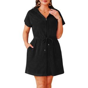 image:imageYonique Terry Cloth Cover Ups  Hooded Cotton Swim Sun Coverup with Zipper Pockets Beach SwimsuitsSolid Black
