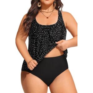 image:imageYonique Plus Size Two Piece Swimsuit for Women Blouson Tankini Tummy Control Bathing SuitBlack Dot