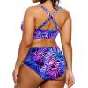 image:imageYonique Womens Plus Size Bikini High Waisted Swimsuits Two Piece Bathing Suits Tummy Control SwimwearBlue Purple Leaves