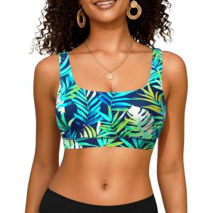 image:imageWomen Sport Bra Swimsuit Top  Swim Bra Bikini Top Only Scoop Neck Bathing Top 2025 SwimwearBlue Leaves1