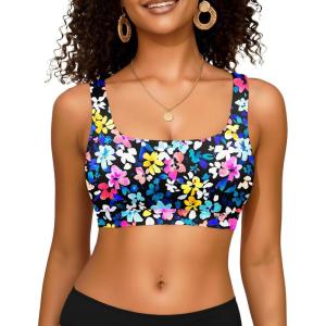 image:imageWomen Sport Bra Swimsuit Top  Swim Bra Bikini Top Only Scoop Neck Bathing Top 2025 SwimwearColorful Flowers