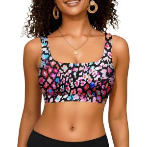 image:imageWomen Sport Bra Swimsuit Top  Swim Bra Bikini Top Only Scoop Neck Bathing Top 2025 SwimwearColorful Leopard